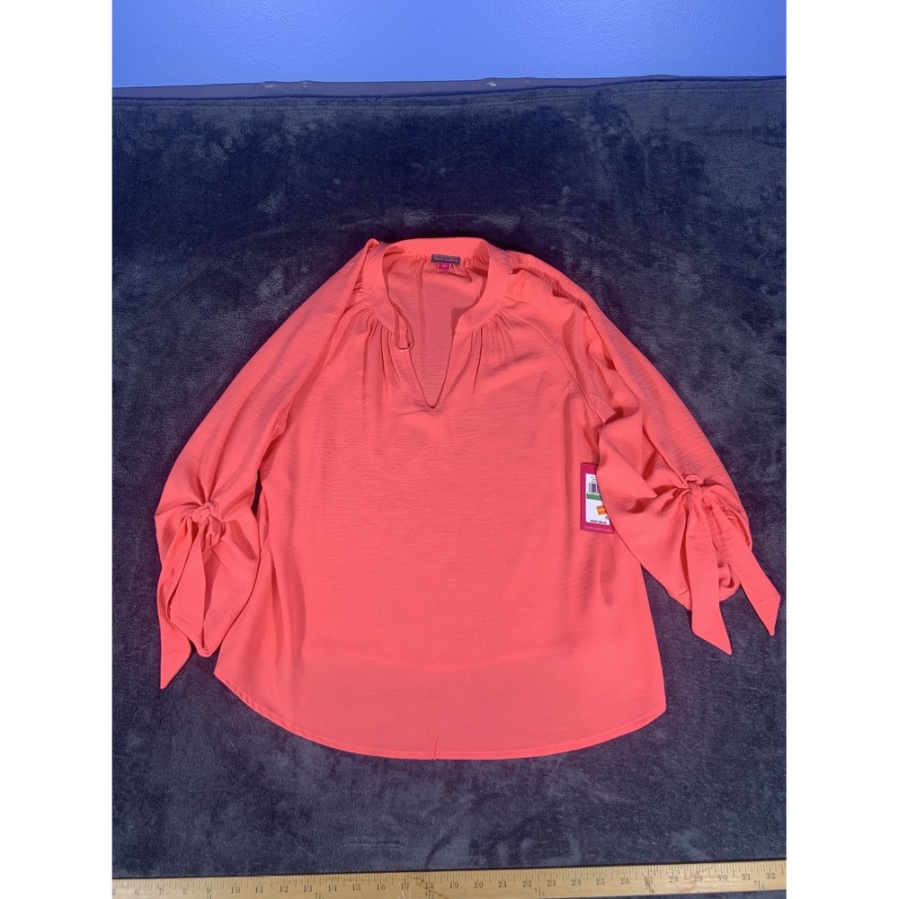 Vince Camuto Coastal Cool Coral Crepe Split Neck Blouse Tunic Tie Sleeve Large